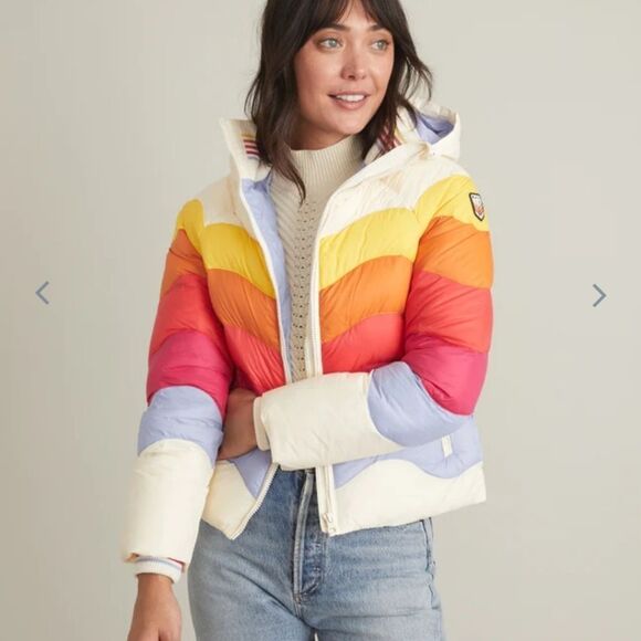 MARINE layer  MLx LF Apres Puffer in Antique White/Multi Colorblock - Picture 2 of 12